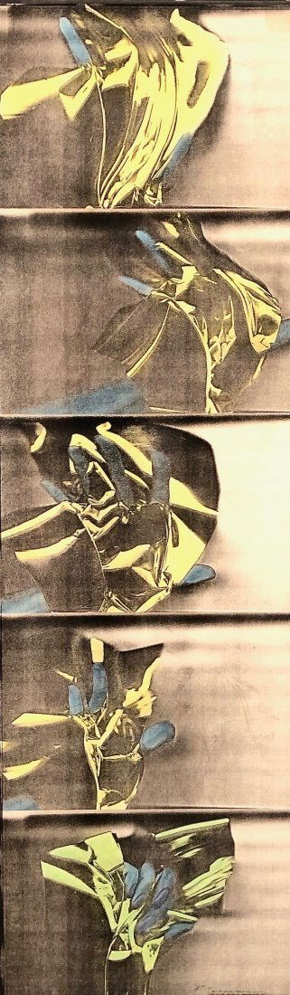 Greg Card, 1970s Experimental Xerox Collage: Greg Card Act of Yellow Reflection Shift 1975 Collage of unique Xerox images modified by pastel and ink and mounted in sequence on board 42 9/16 x 13 inches Signed, titled and dated at bottom Original