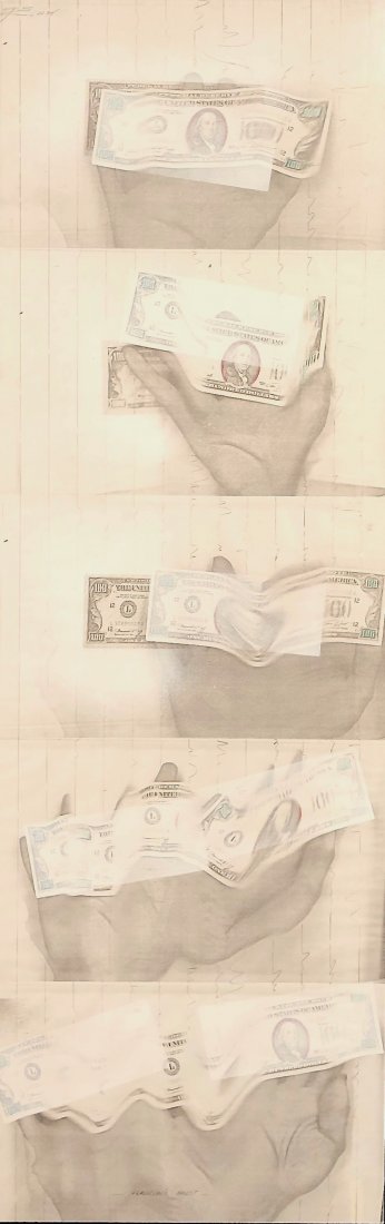 Greg Card, 1970s Experimental Xerox Collage: Greg Card Franklins Ghost 1977-1978 Collage of unique Xerox images modified by pastel and ink and mounted in sequence on board 43 .75 x 14 inches Original shadowbox frame Greg Card has been mak