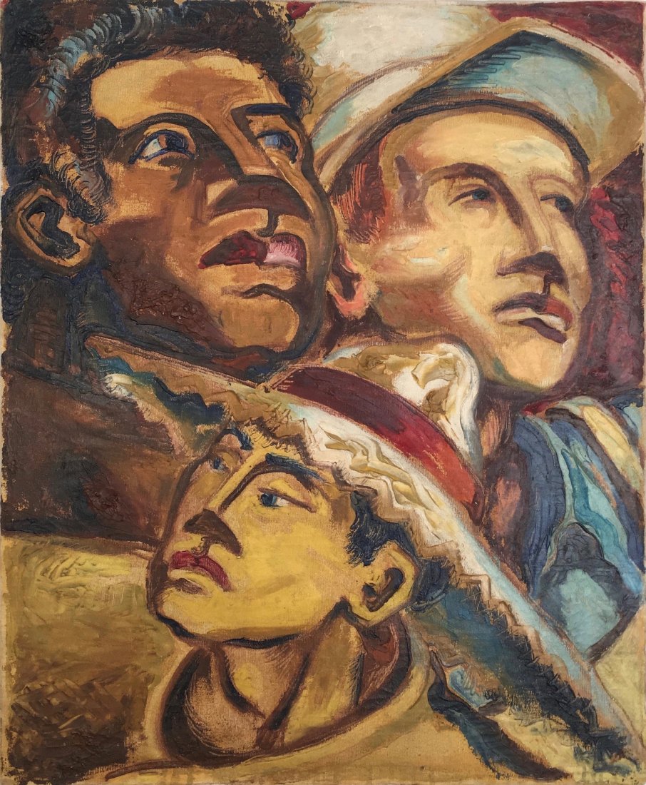 Claude Clark, African American, 1950s, Three Faces: Claude Clark Untitled, three figures Circa 1950 oil on canvas 24 x 20 inches Signed on reverse Provenance: Private collection, Oakland, CA Claude Clark (1915-2001) was a painter, printmaker
