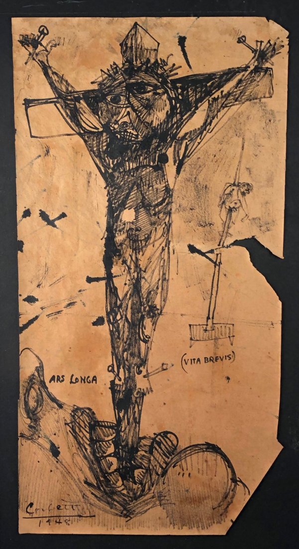 Edward Corbett, 1940s, Grotesque Icon: Edward Corbett Ars Longa, Vita Brevis 1948 Ink on paper Approx 14 x 7 inches Signed and dated at bottom Exhibited: San Francisco Museum of Art Ex-collection Alan Temko Edward Corbett