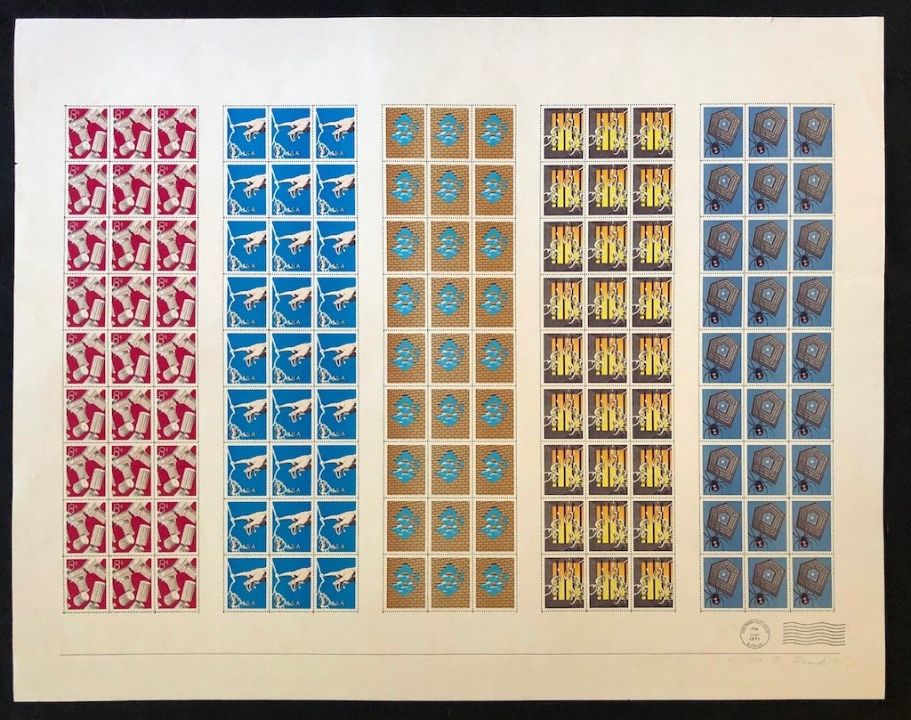 Robert Fried, Psychedelic 1960s, Artist Stamp Portfolio: Robert Fried Stamp Portfolio 1971 A portfolio of 6 lithographs on paper, including a sheet of perforated stamps Each sheet 30 x 22 inches Edition of 50 Each print signed, dat