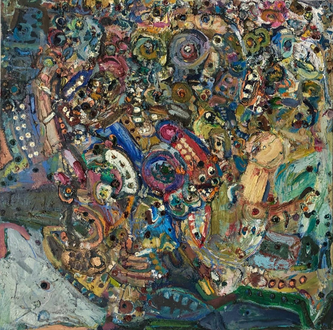 Outsider Art, Michael Lauterbach, Voodoo Expressionism: Michael Lauterbach Untitled, Garden Scene circa 2000s Oil on canvas 36 x 36 inches Excellent original condition Michael Lauterbach collection; Private collection, San Francisco In-house shipping con
