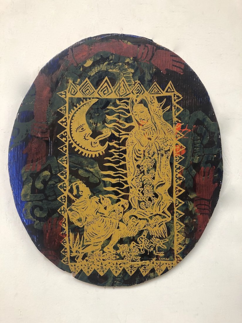 Chicano Art, Michael Roman, Street Art Stencil Painting: Michael Roman On My Knees I Pray to the Vireen Pirati 2013 Oil on plywood 18 7/8 x 16 inches Signed lower right; titled around the edge Good original condition Shipping continental U.S. $25 Mi