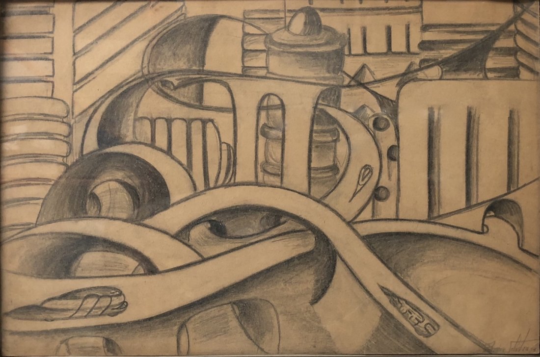 1940s Futurist Fantasy City: Anne Johnston Untitled Futurist Cityscape Circa 1940s pencil on paper Image: 13 x 18 inches Frame: 16.5 x 22.5 inches Signed lower right Good original condition Estate of Anne Johnston S