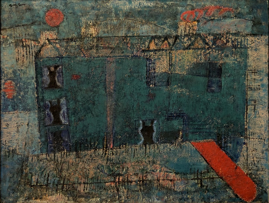 Asian American, Gary Woo, 1950s Abstraction: Gary Woo Playground 1954 Oil, Sgrafitto on canvas 16.75 x 21.75 inches Signed on front; signed and dated on reverse Excellent original condition Original frame Domestic Shipping