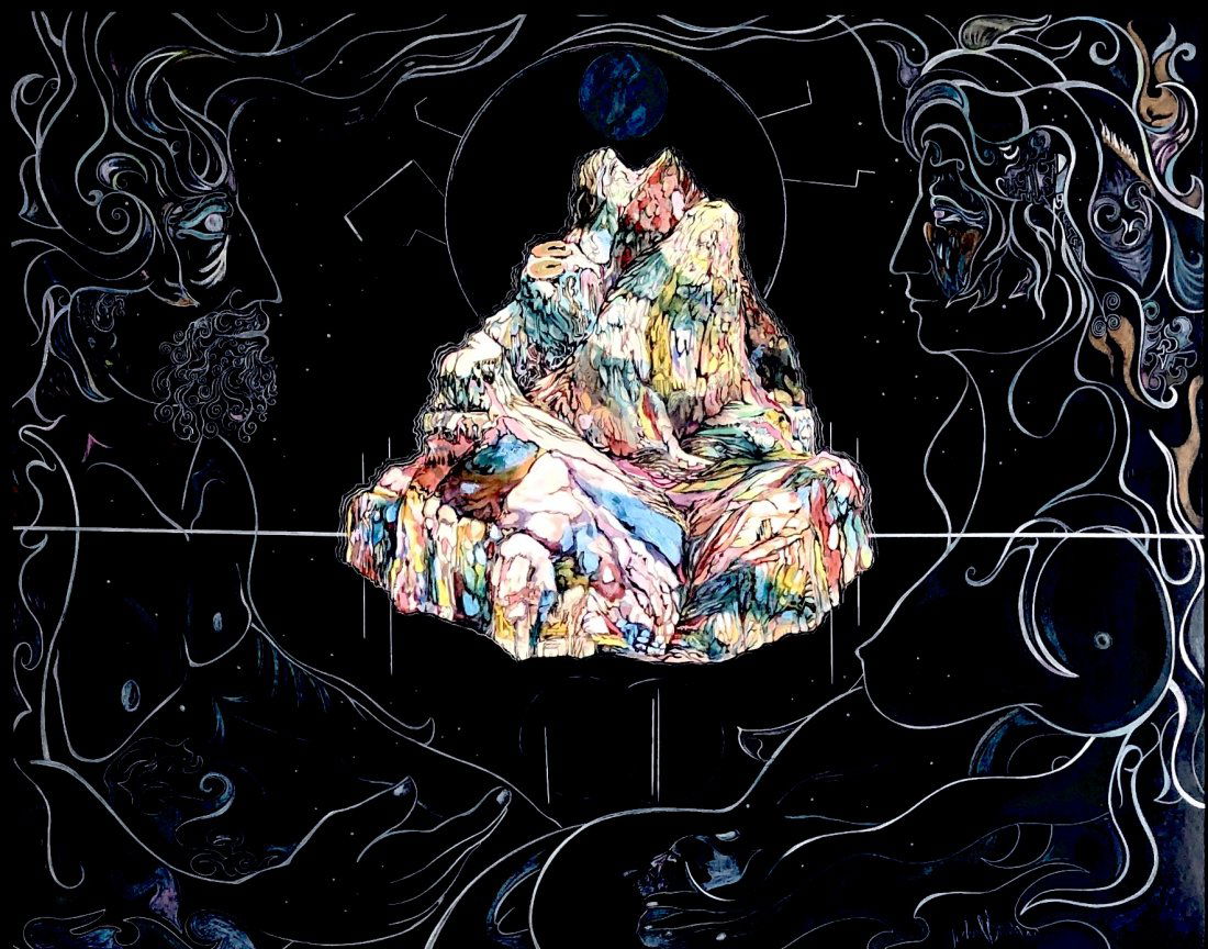 Michael Bowen, Beat Generation Provocateur: Michael Bowen Untitled visionary couple 1980 Oil, watercolor, metallic pen on paper 38 x 32 inches (Image) 51 7/8 x 39 3/4 (frame) Excellent condition Original Black linen mat, black metal frame