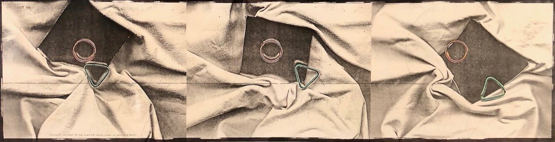 Greg Card, 1970s Performance for Copy Machine: Greg Card Silence She Said to the Tune of Their Vision in Motion and Time 1976-78 Serial collage of unique xerox images hand tinted and mounted on board 8 1/2 x 33 inches; Original shadowbox frame New