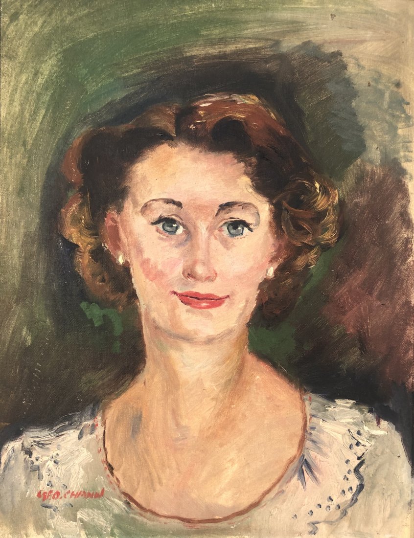 1940s George Chann Portrait: George Chann Untitled, Portrait of a Lady 1940s 18 x 14 inches Oil on board Signed Excellent original condition Framed In-house shipping $50 George Chann (1913-1995) was a Chine