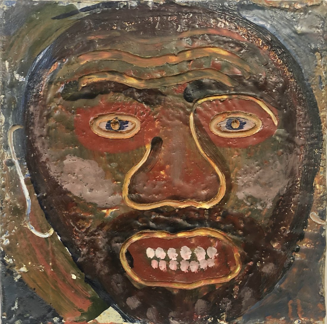 Michael Lauterbach, Outsider Voodoo Art: Michael Lauterbach Untitled, Face Circa 2000 Acrylic, encaustic on wood 9 x 9 inches Provenance: Ex-collection of the artist In-house shipping $25 Despite having three academic degrees, inc