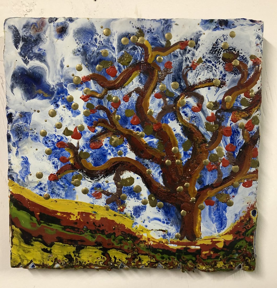 Michael Lauterbach, Outsider Voodoo Art: Michael Lauterbach Untitled, Tree Circa 2000 Acrylic, encaustic on wood 12 x 12 inches Signed on reverse In-house shipping $25 Despite having three academic degrees, including an MFA from t