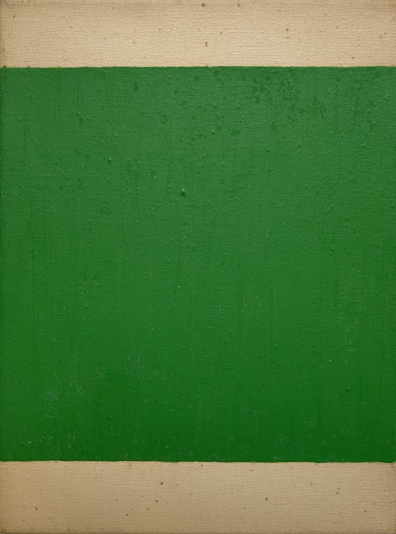 1980s Minimalist monochrome, James Ochman: James Ochman Cad Green Circa 1980s Oil on canvas 10.5 x 8 inches Title taped to stretcher on reverse Condition: spots where the varnish has eroded; otherwise fine Provenance: Estate of James Ochman<