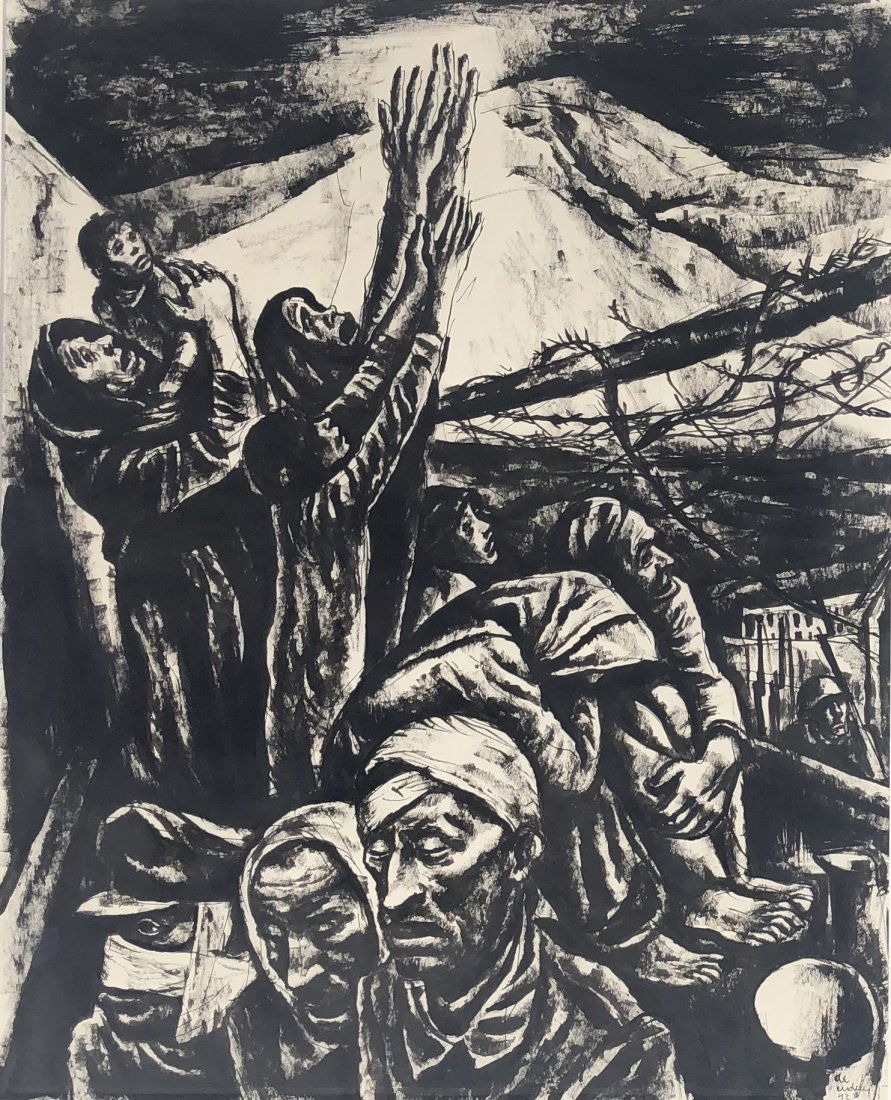 Francis de Erdely, Grueling Wartime Painting: Francis de Erdely Wounded Civilians 1942 watercolor on paper 21 3/4 x 17 1/2 inches Signed and dated Archival mat and frame with non-reflective glass Domestic shipping $100 Francis de