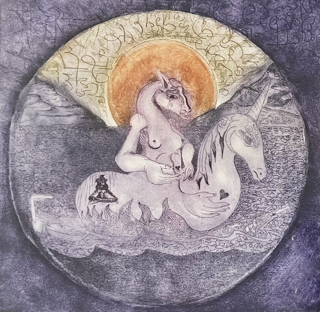 Michael Bowen, 1970s Visionary Etching with Unicorn (1 of 2)