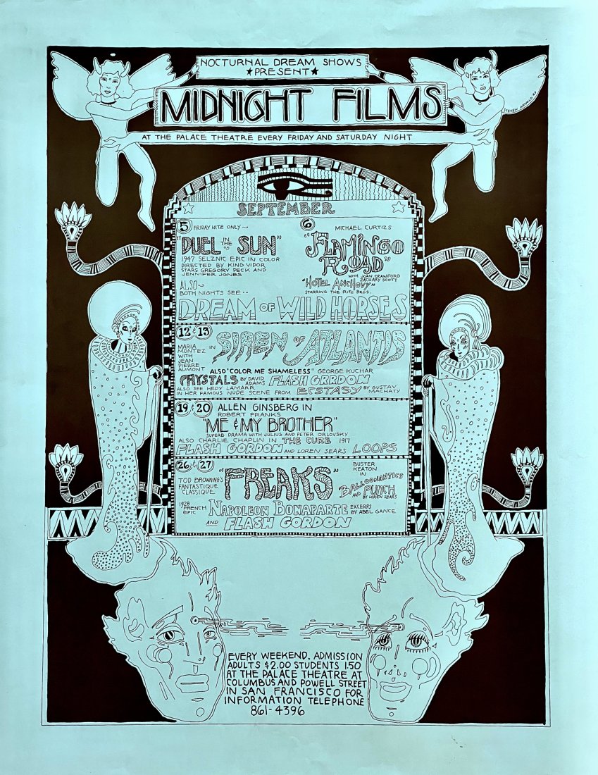 Queer San Francisco, Steven Arnold, 1969, Nocturnal Dreams Show Poster: Steven Arnold Nocturnal Dream Poster 1969 Offset lithograph on paper 22 x 17 inches soft creases consistent with age $30 domestic shipping The Nocturnal Dream Show was a midnight movie seri