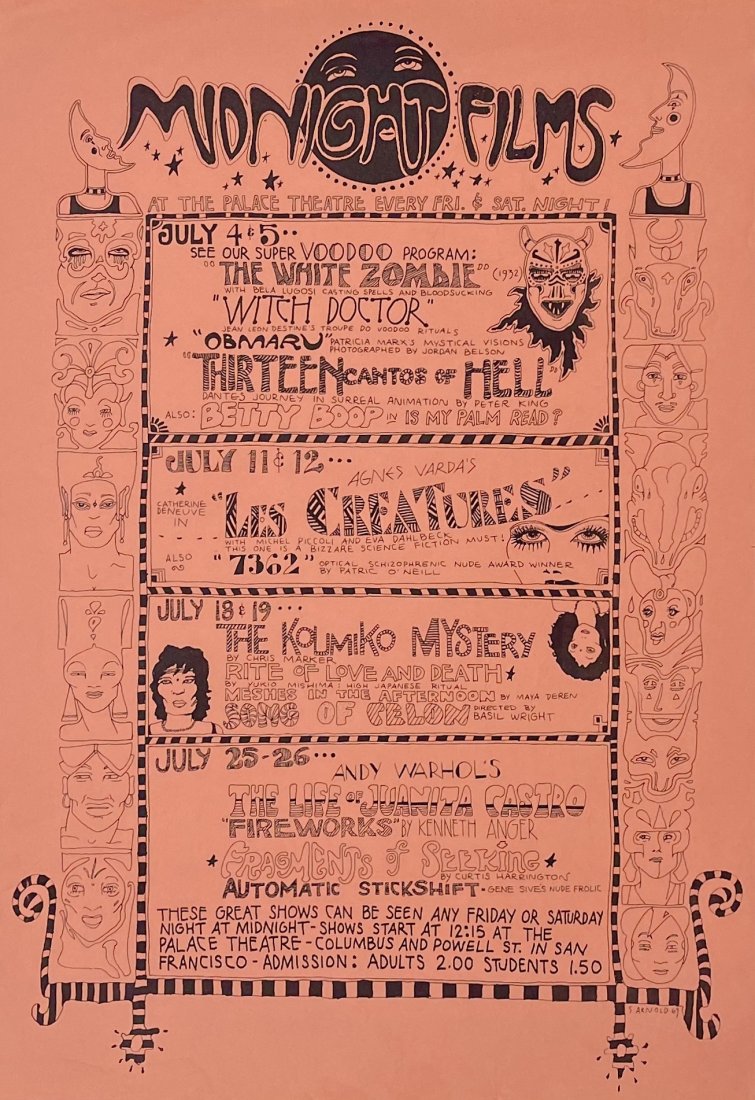 Queer San Francisco, Steven Arnold, 1969 Nocturnal Dreams Show Poster: Steven Arnold Nocturnal Dream Poster 1969 Offset lithograph on paper 22 x 17 inches soft creases consistent with age $30 domestic shipping The Nocturnal Dream Show was a midnight movie seri