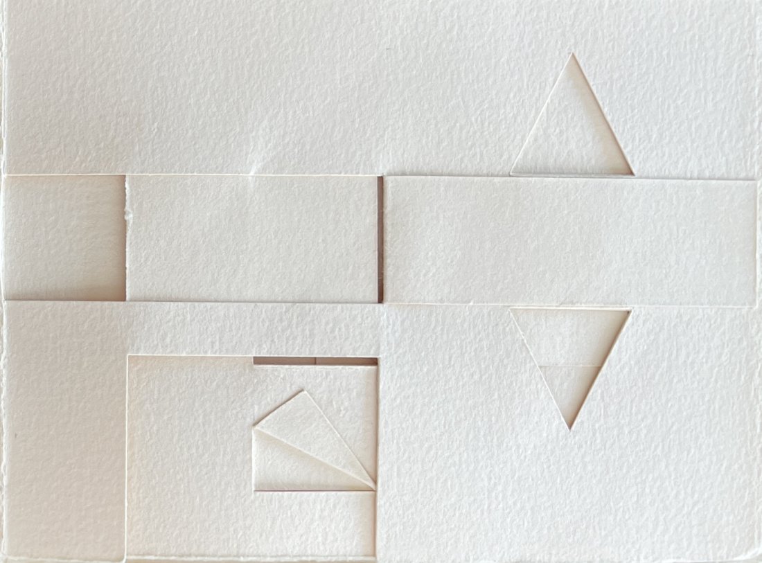 James Ochman, Unique handmade 1970s Artist Book with Geometric Collage: James Ochman Forgetting VIII 1978 Unique artist book of hand-made geometric collages 5 x 6 1/2 inches closed Signed, titled and dated in pencil on first page Good original condition Domestic shippin