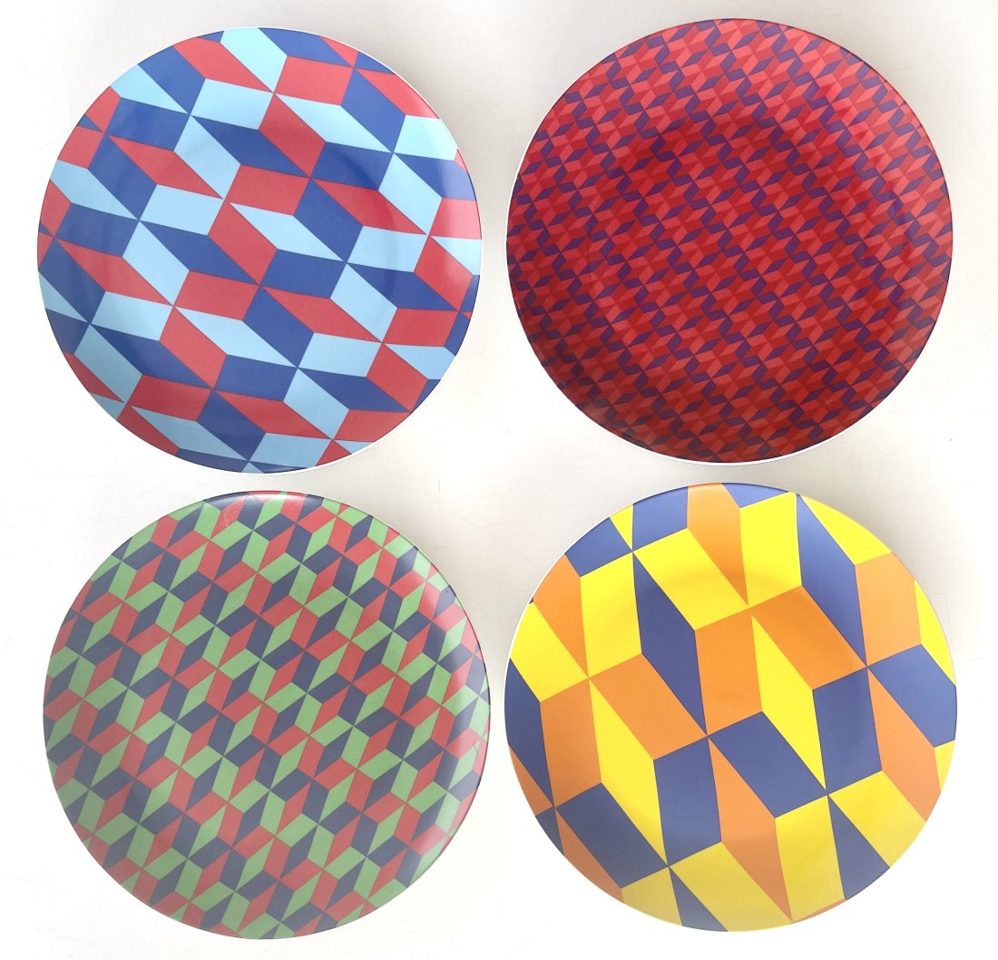 Barry McGee, Limited Edition Porcelain Plates: Barry McGee Tears of Joy Op-art plates (4) 2016 Porcelain 12 inches in diameter stamped b. mcgee underneath â€¨ Produced in a limited edition for the 2016 re-opening of the Berkeley Art Museum