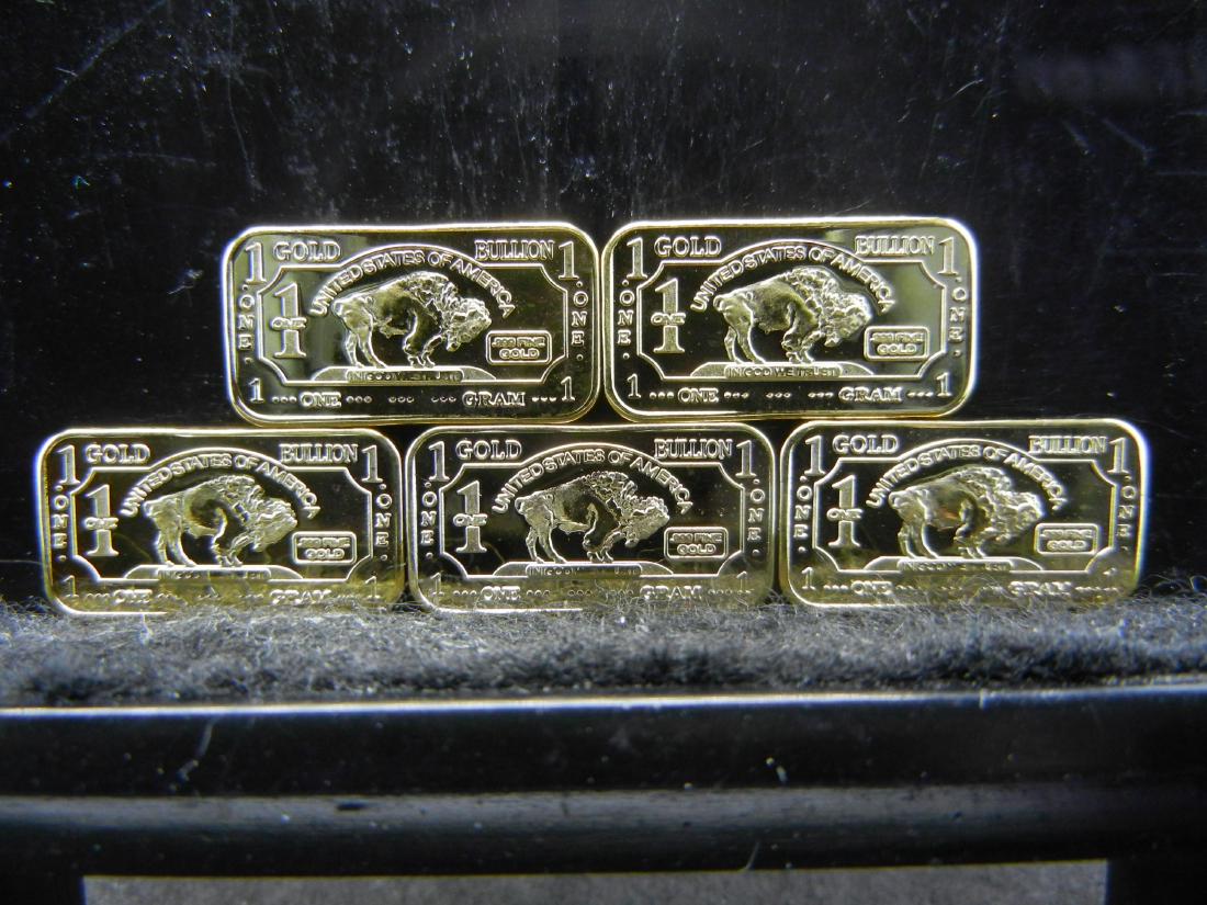 5 One Gram 100 Mills .999 Fine Gold Collector Bars Clad: YES WE SHIP ALL COINS - $3.50 PLUS INSURANCE FOR ONE COIN for FIRST CLASS MAIL. We will combine shipping if multiple coins are purchased! Small flat rate $7.25 - Med Flat rate $13.95 - Large Flat Rate