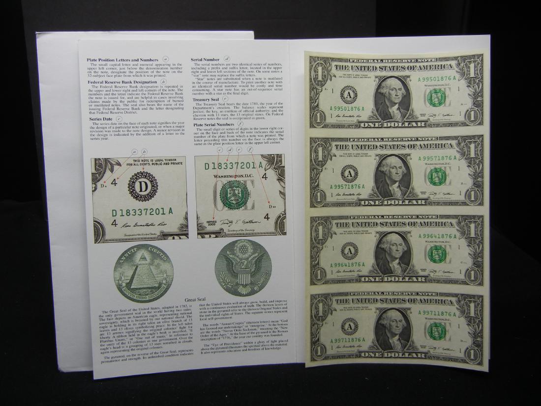 2009 Uncut Sheet of Four $1 Federal Reserve Notes, (1 of 6)
