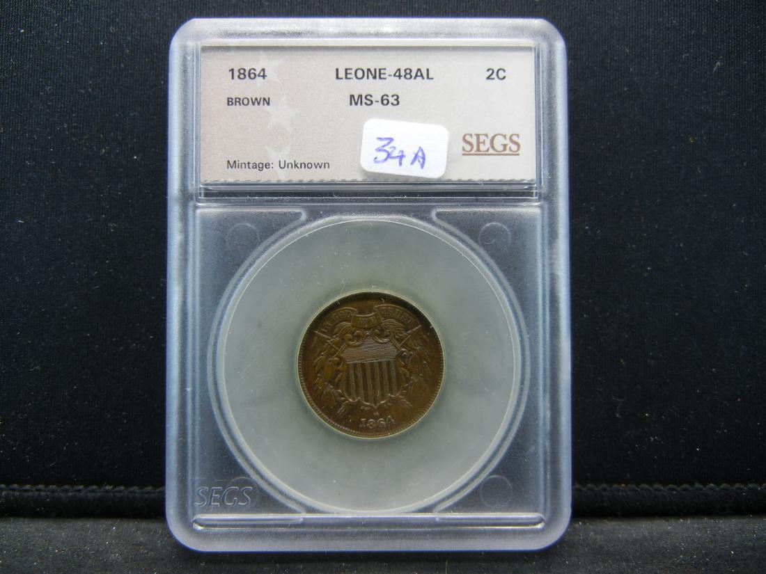 1864 Two Cent piece slabbed by SEGS as MS 63 Brown (1 of 4)