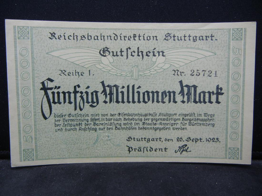 1923 Germany-Stuttgart. 50 Million Mark. Notgeld. Train (1 of 3)