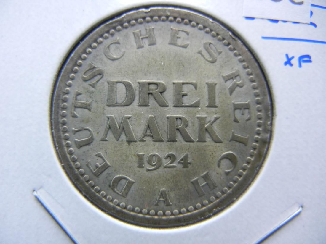 1924-A Germany 3 Mark.  Silver.  XF. (1 of 3)
