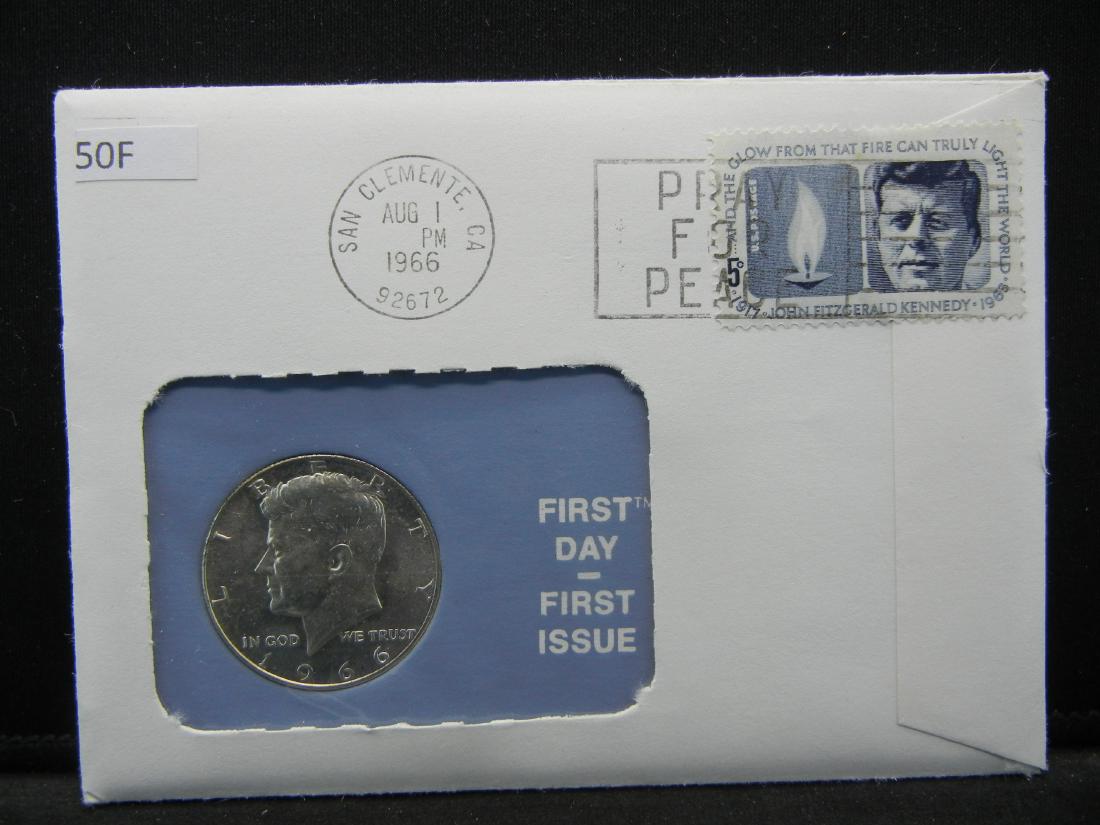 1966 Kennedy 50c First Day of Issue Coin and First Day: 1966 Kennedy 50c First Day of Issue Coin and First Day Cover Stamp.