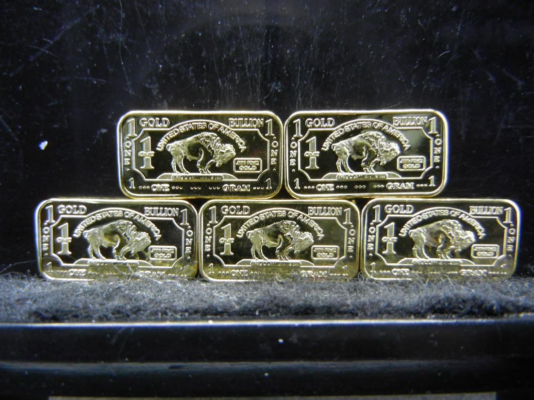 5 One Gram 100 Mills .999 Fine Gold Collector Bars Clad: 5 One Gram 100 Mills .999 Fine Gold Collector Bars Clad