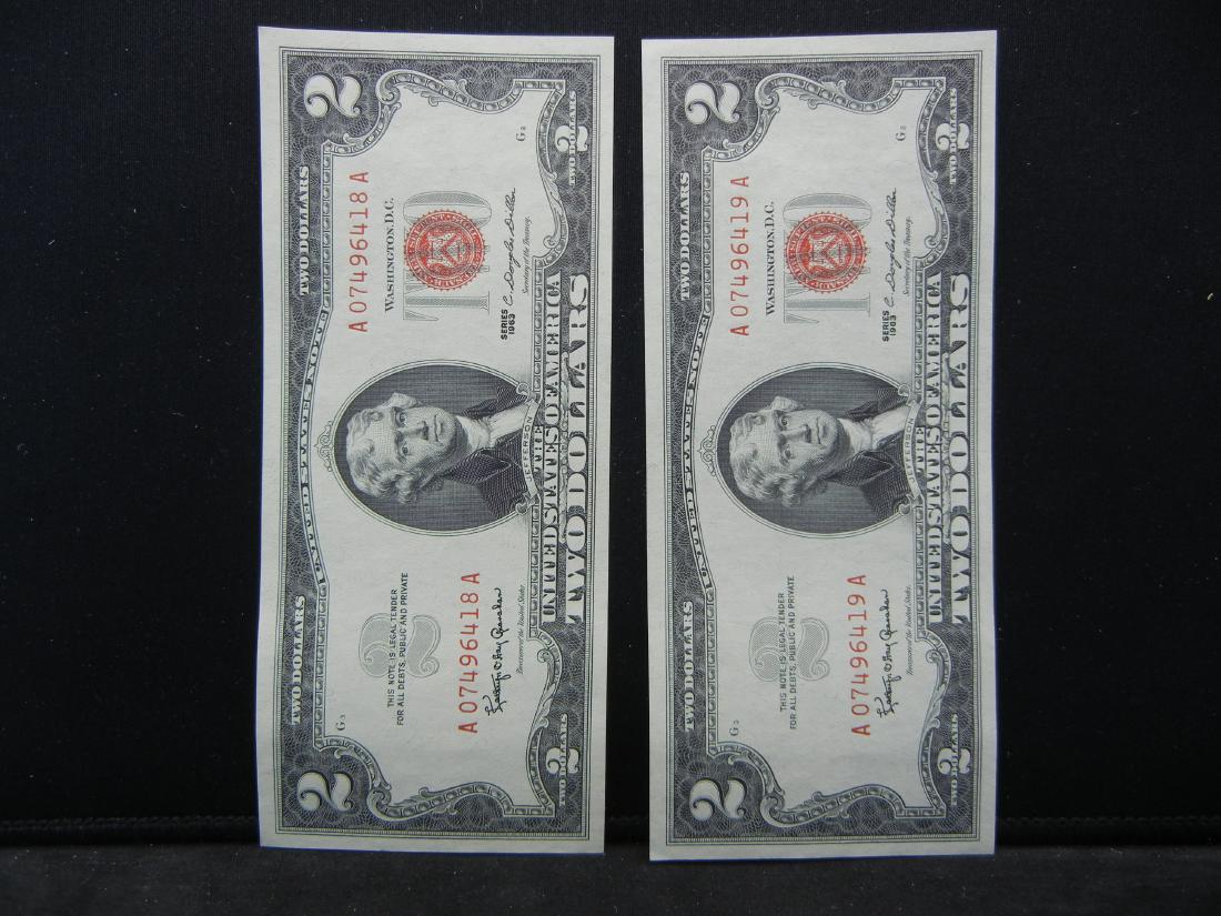 (2) 1963 Red Seal $2. These have consecutive serial (1 of 5)