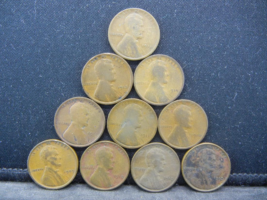 (10) Lincoln Wheat Cents. 1909 V.D.B, 1910, (1 of 2)