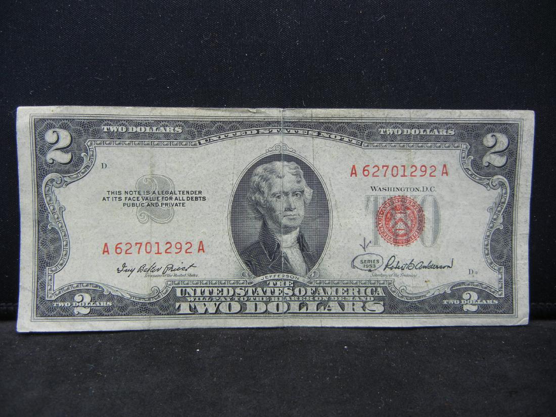$2 Bill, (Series 1953) Red Seal, 66 Years Old (1 of 3)