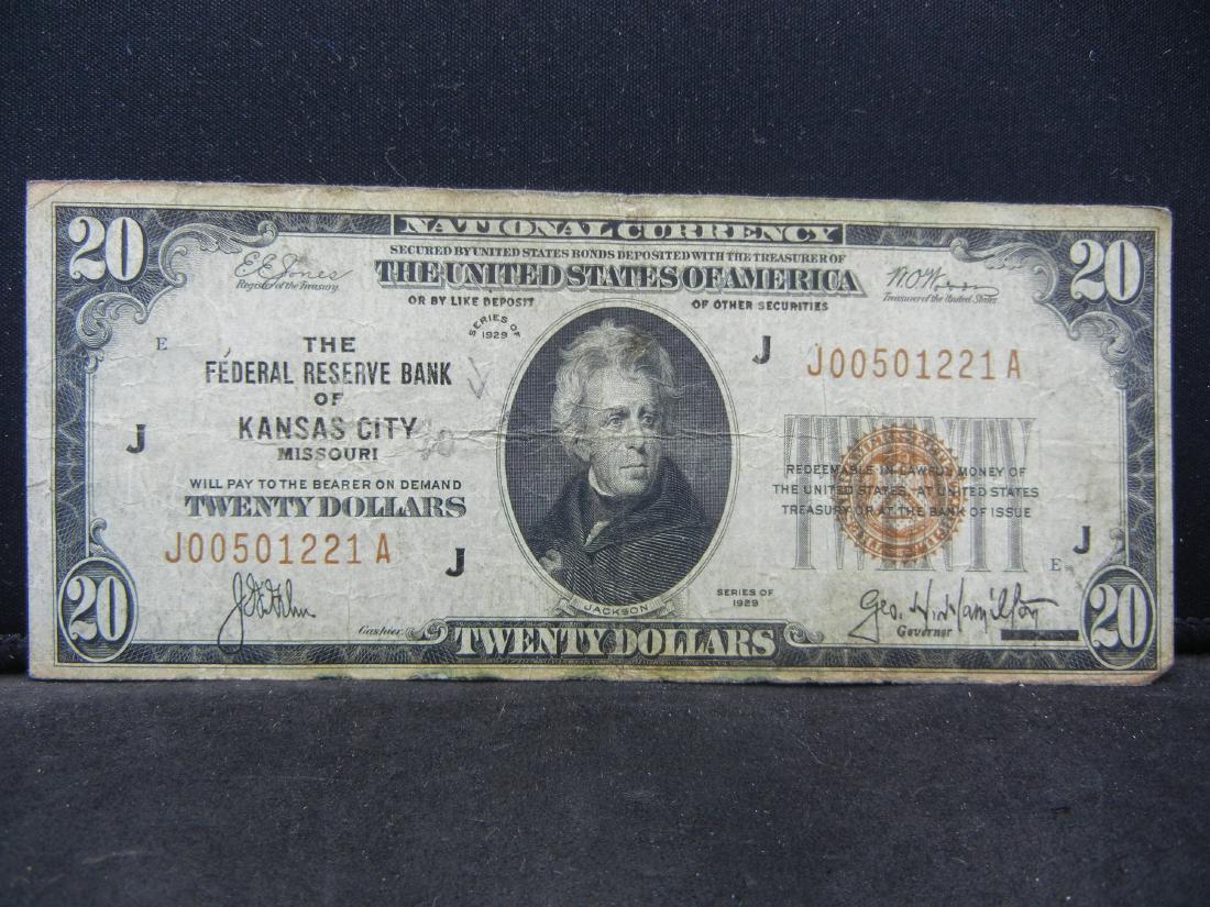 1929 $20 US Bank Note. Kansas City Bank (1 of 3)