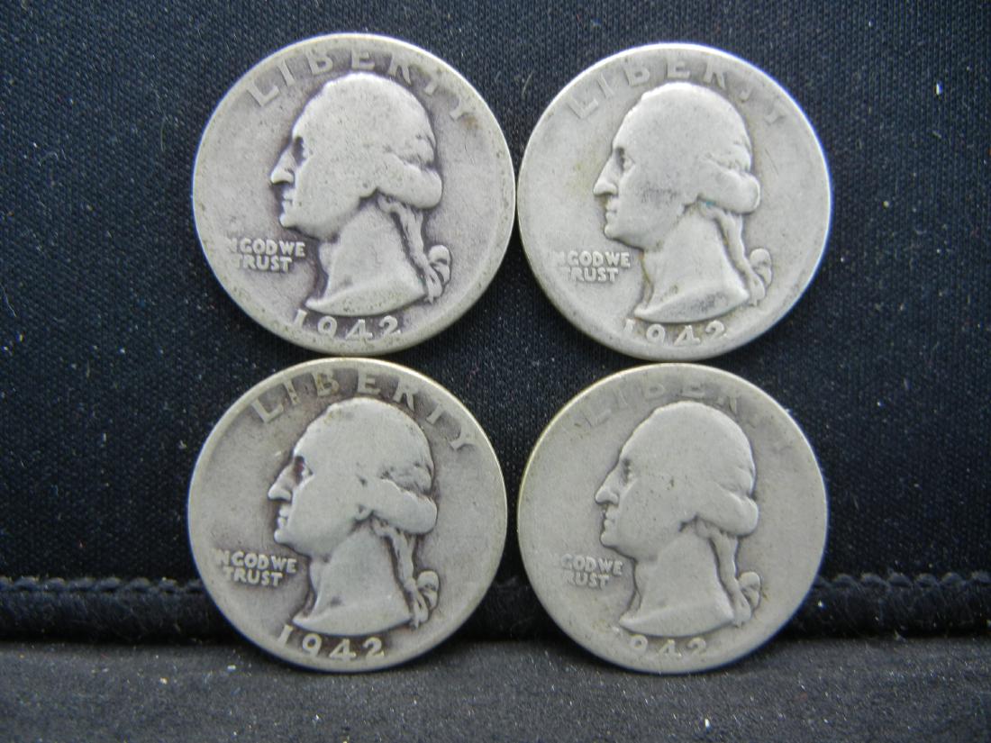 Lot of 4 1942 Washington Quarters. 90% Silver (1 of 2)