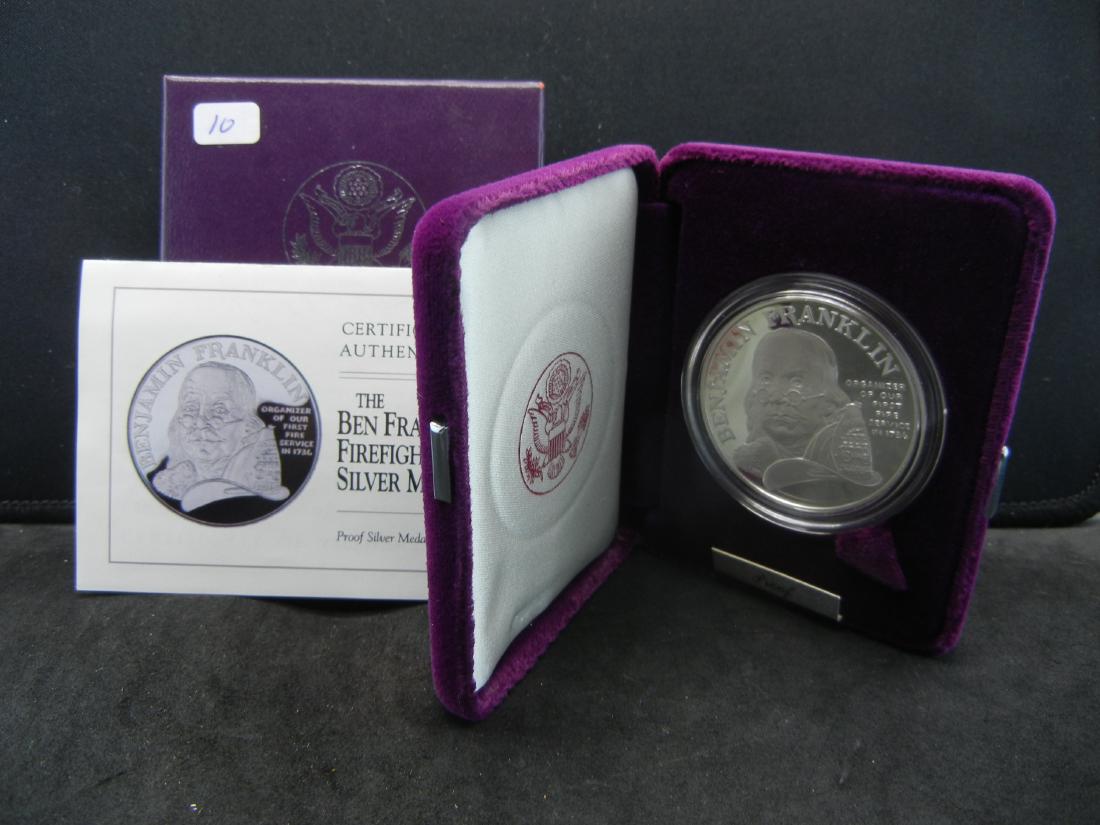 1992 Ben Franklin Firefighters Medal. .999 silver in: 1992 Ben Franklin Firefighters Medal. .999 silver in government box. GEM Proof. Striking.