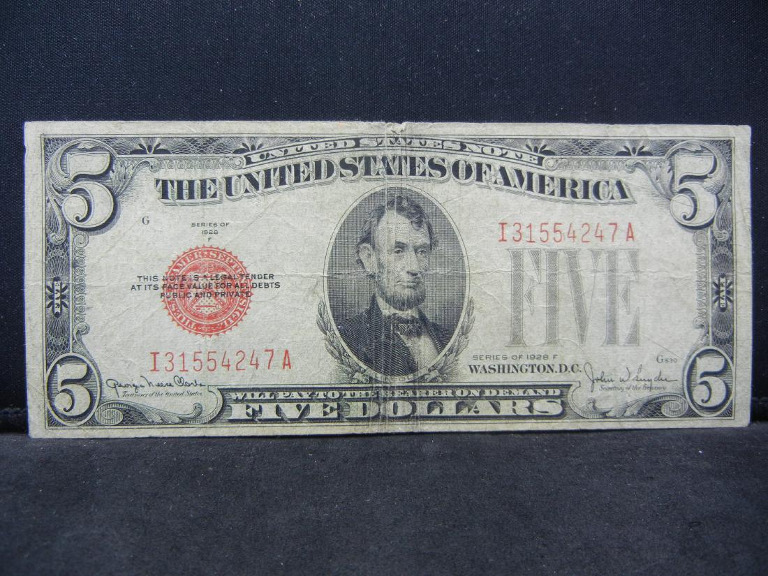 1928-F $5 Red Seal Bank Note. (1 of 3)
