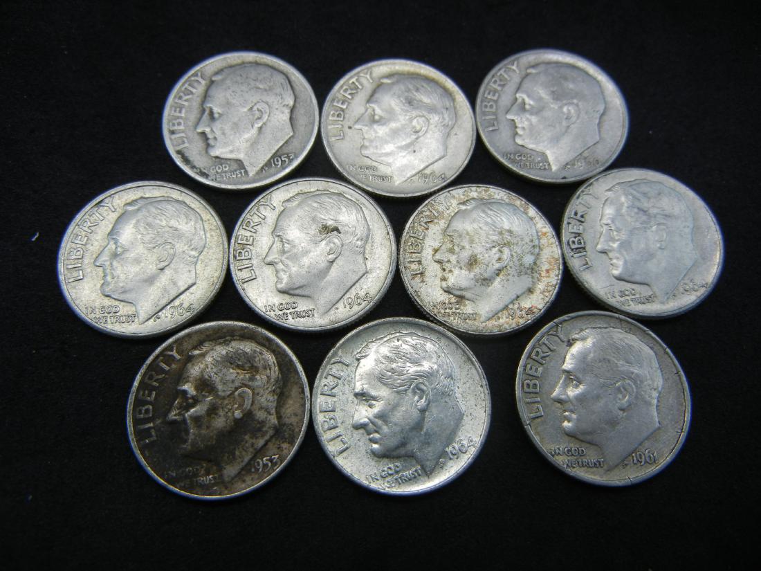 Lot of 10 90% Silver Roosevelt Dimes. Mixed Dates (1 of 2)