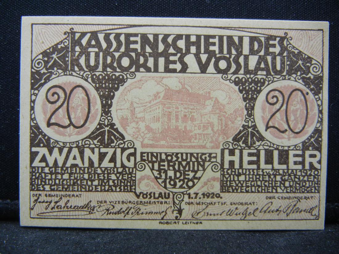 1920 Austria 20 Heller Bank Note, City of Voslau. (1 of 2)