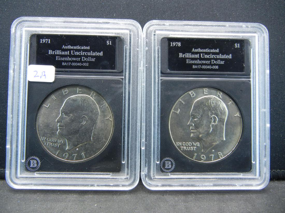 1971 and 1978 Eisenhower Dollars.   Authenticated as BU (1 of 9)