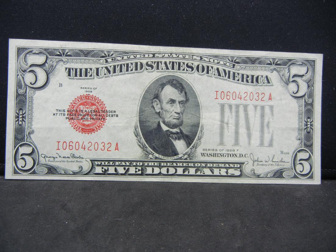 1928 F Red Seal $5 US Note.  Crisp Extra Fine. (1 of 3)