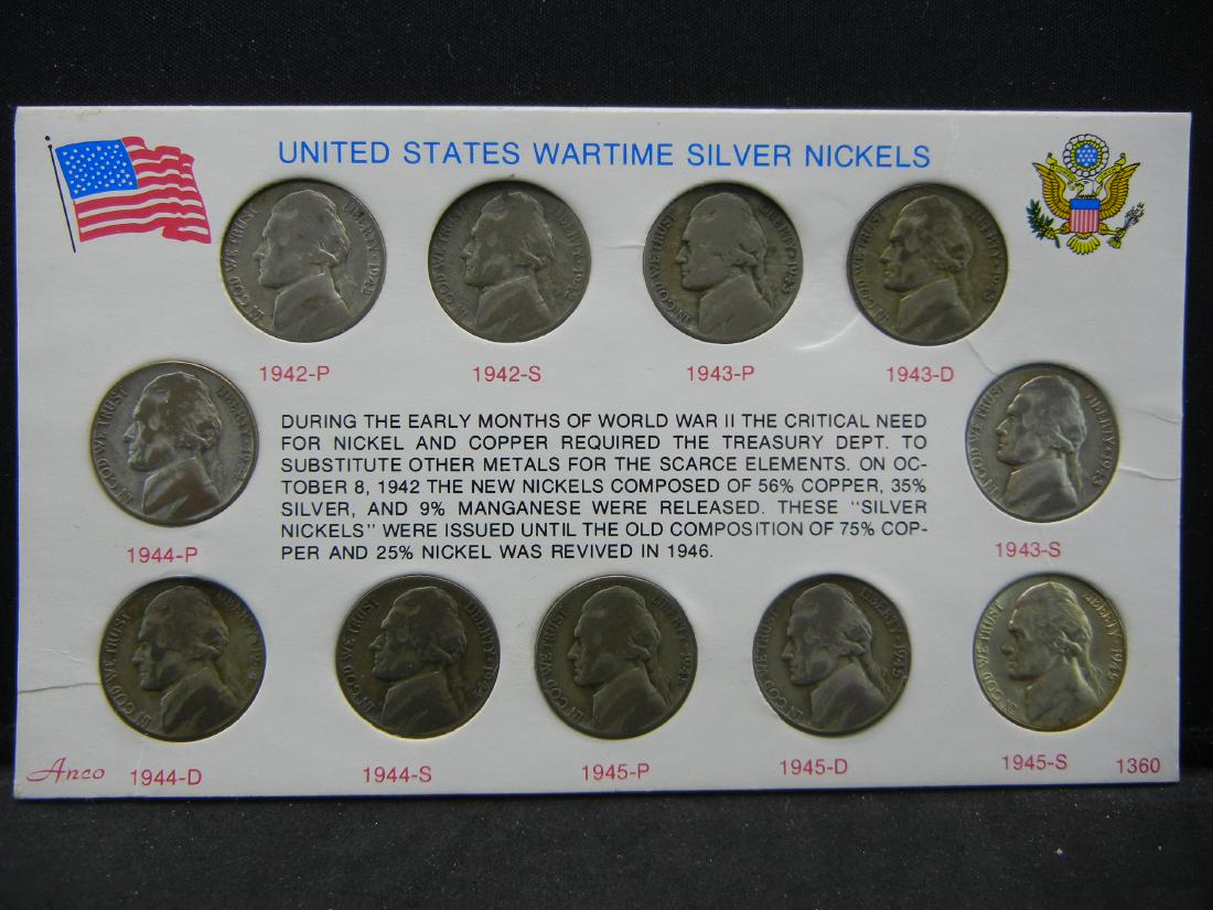 Complete Wartime silver nickel set.   Eleven coins in (1 of 2)