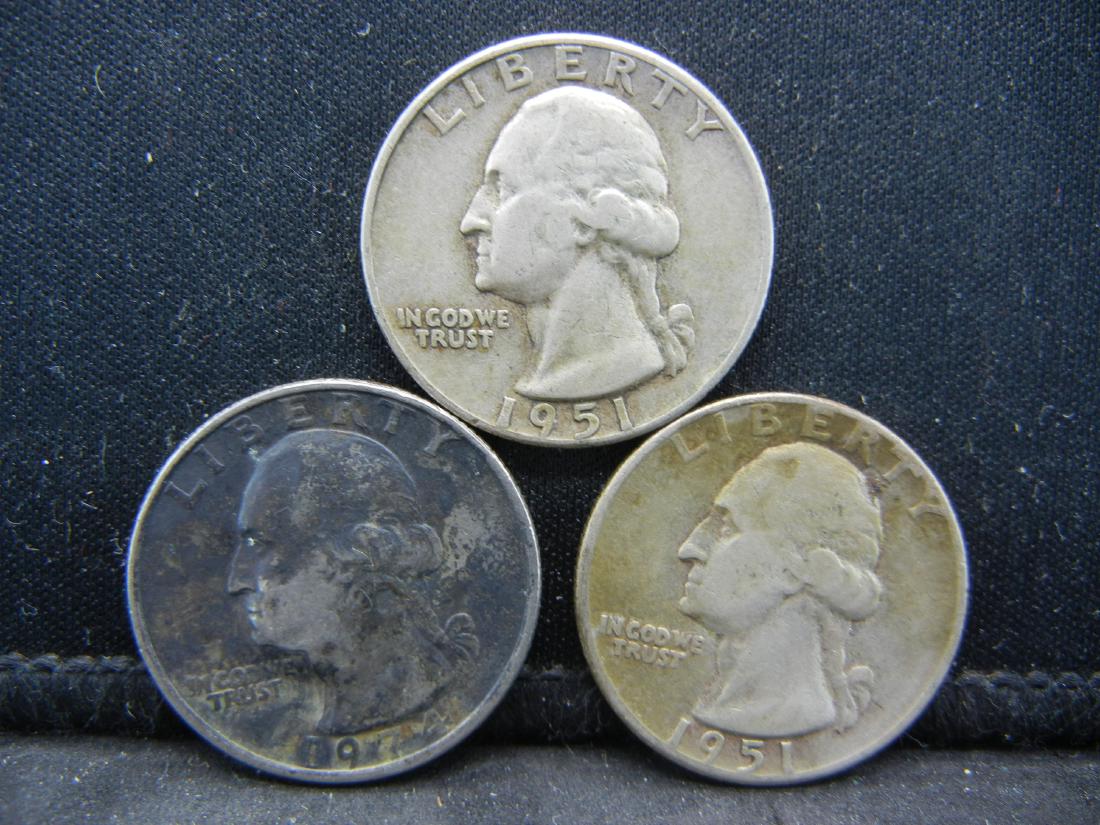 (2)1951 90% Silver Washington Quarters and (1) 1974 (1 of 2)