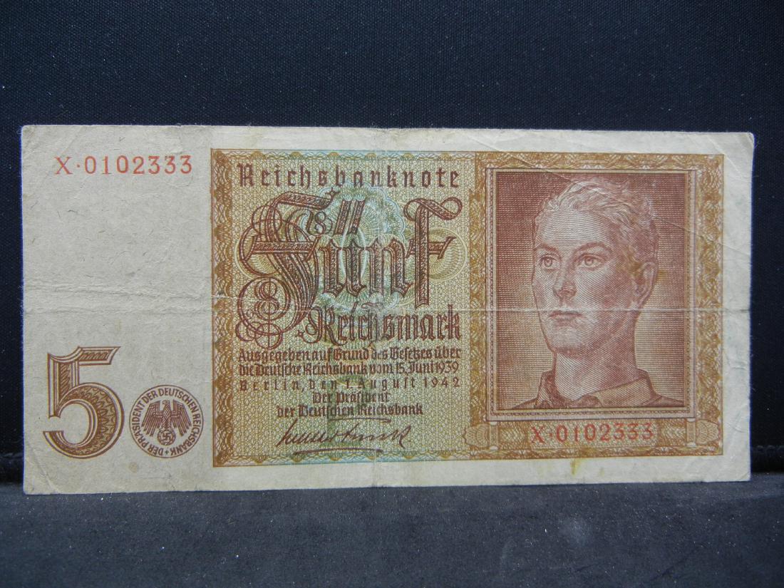1942 Third Reich 5 Mark Note. Very popular and hard to: 1942 Third Reich 5 Mark Note. Very popular and hard to get. Very Fine.
