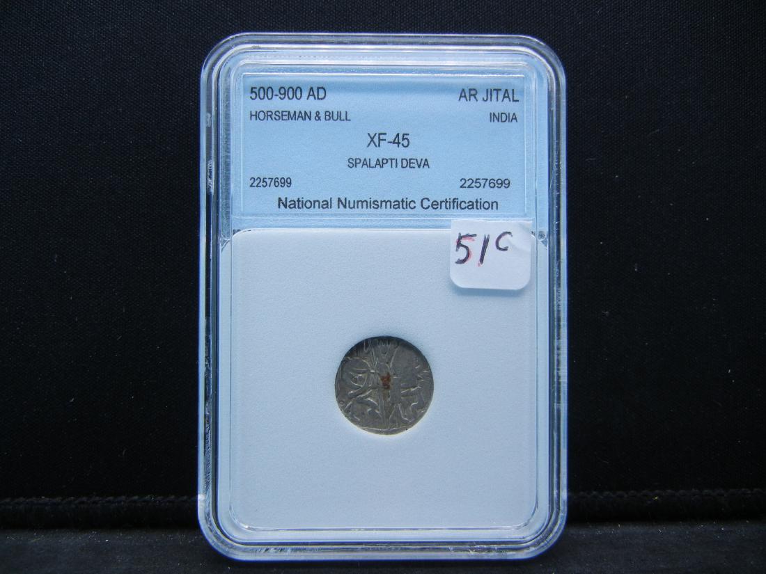 500-900 AD SILVER INDIA (AR JITAL), HORESMAN & BULL,: 500-900 AD SILVER INDIA (AR JITAL), HORESMAN & BULL, NNC XF-45, EXTREMELY HARD TO FIND IN THIS CONDITION, OVER 1,100 YRS OLD!