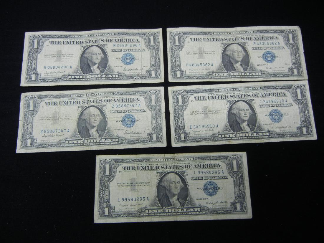 5-1957 $1 Blue Seal Silver Certificates. (1 of 5)