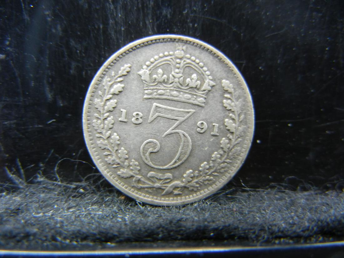 1891 Great Britain 3 Pence 92.5% Sterling Silver Coin, (1 of 2)