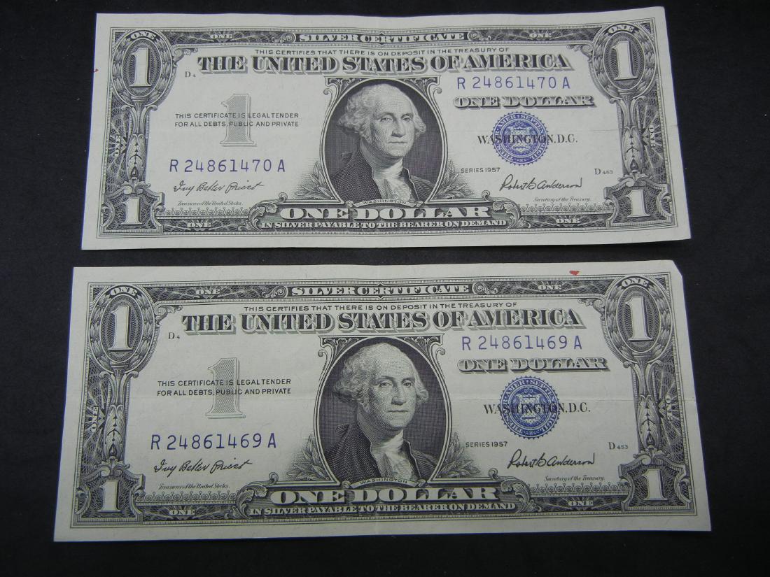 2 CONSECUTIVE 1957 Silver Certificates. Nice grades. (1 of 5)