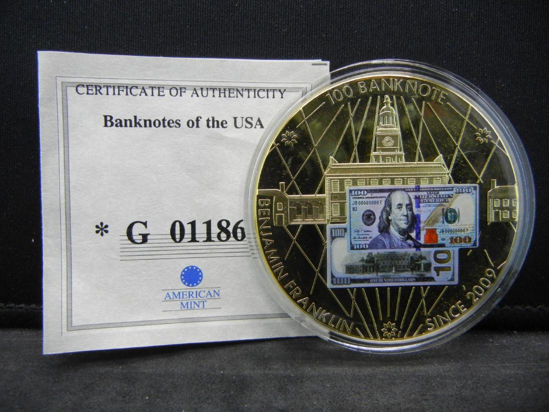 $100 Federal Reserve Note Depicting Benjamin Franklin: $100 Federal Reserve Note Depicting Benjamin Franklin Commemorative Coin W/COA. Issued by American Mint.
