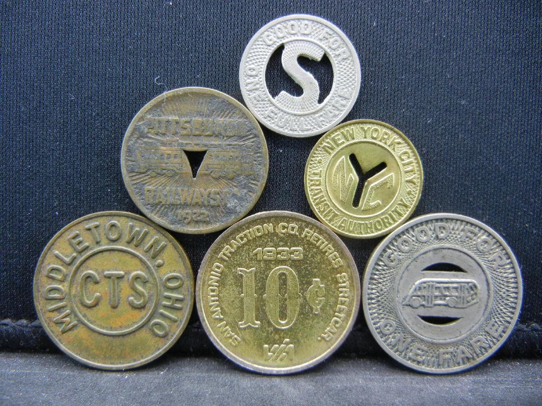 Group of 6 Different Transit Fare Tokens. (1 of 2)