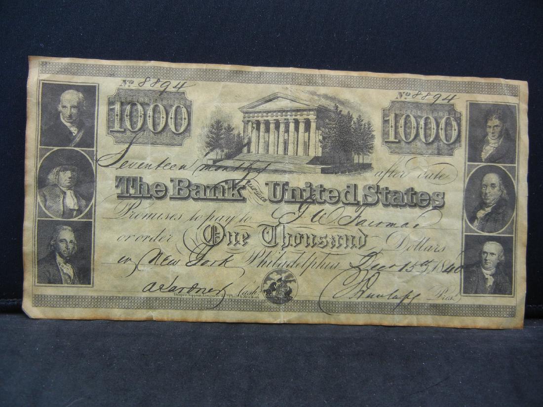 1840 US $1,000 DOLLAR BILL, CRISP, 179 YEARS OLD, (1 of 3)