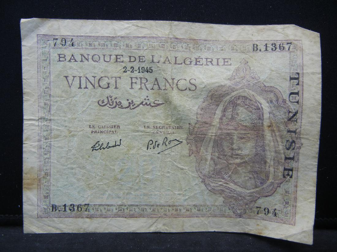 1945 Tunisia 20 Frank Bank Note, Serial # 794 B.1367: 1945 Tunisia 20 Frank Bank Note, Serial # 794 B.1367